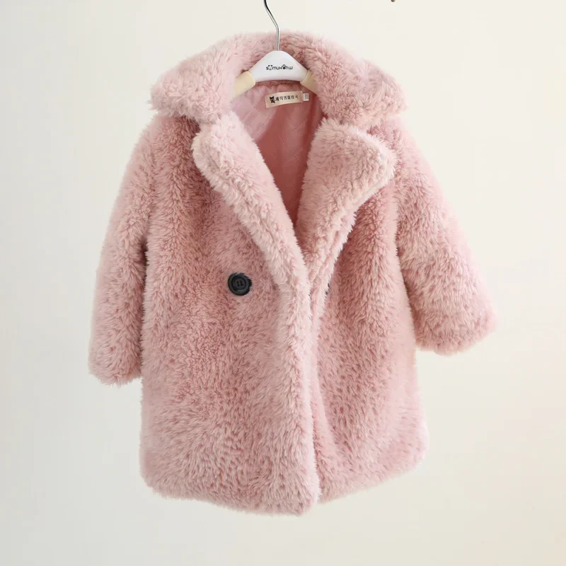 Autunno e inverno Nuovi bambini Abbigliamento Ragazze Cappotto in pelliccia sintetica solida Cappotto lungo in lana alla moda per bambini