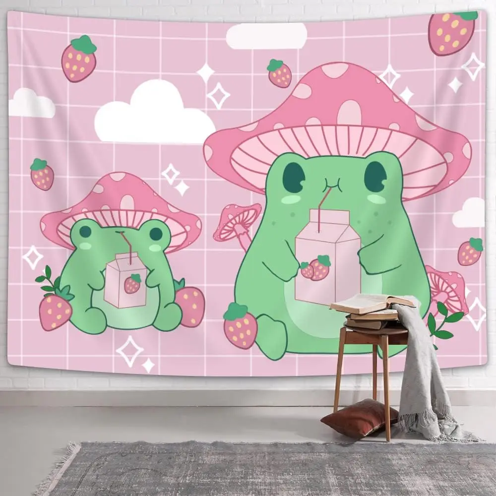 Frog Mushroom Strawberry Tapestry, pink cute room decor Aesthetic Wall Hanging Bedding Aesthetic Tapestry, Room Decor for Girls