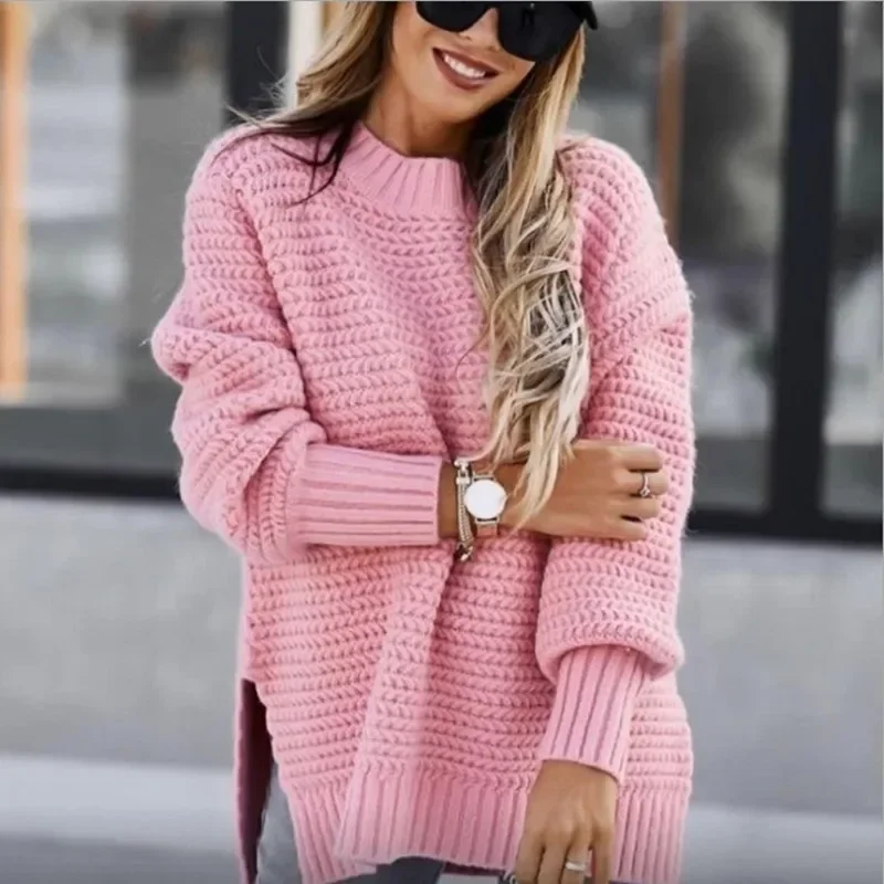 Knit Sweaters Women Half High Collar Full Sleeve Thick Splice Jumpers Solid Casual Split Pullovers Office Lady Elegant 2024