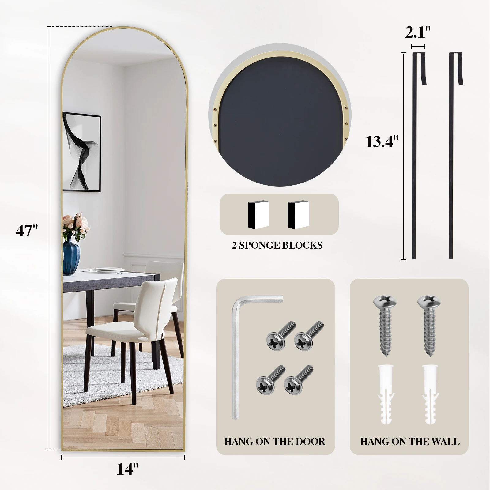 MCQ 47x14 Inches Full Length Mirror Door Hanging Arched Full Body Wall Mounted Aluminum Alloy Frame Mirror Modern Wall Mount Vanity Mirror for Home ﻿