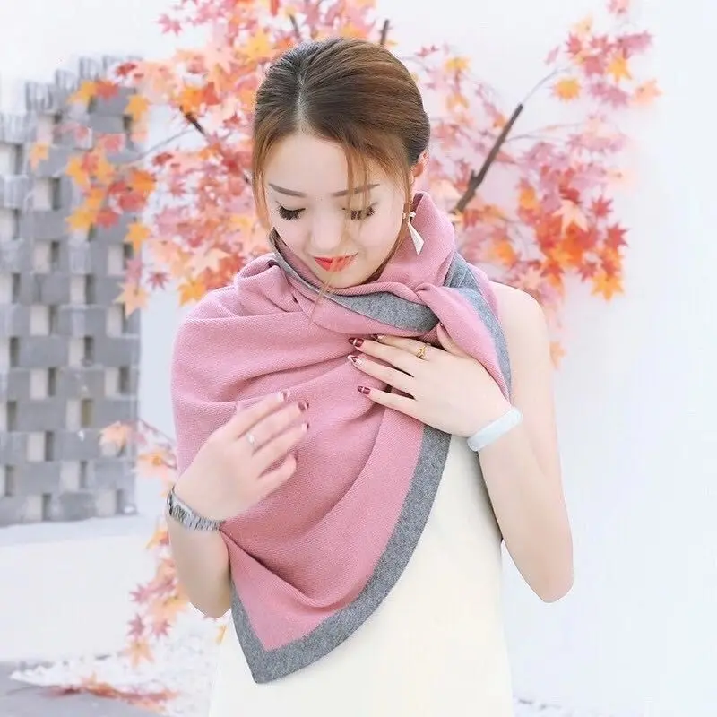 Women Wool Blend Cashmere Knitted Solid Color Triangular Shawl with Contrast Border Stole Wrap Scarf 7 Colors Dropshipping