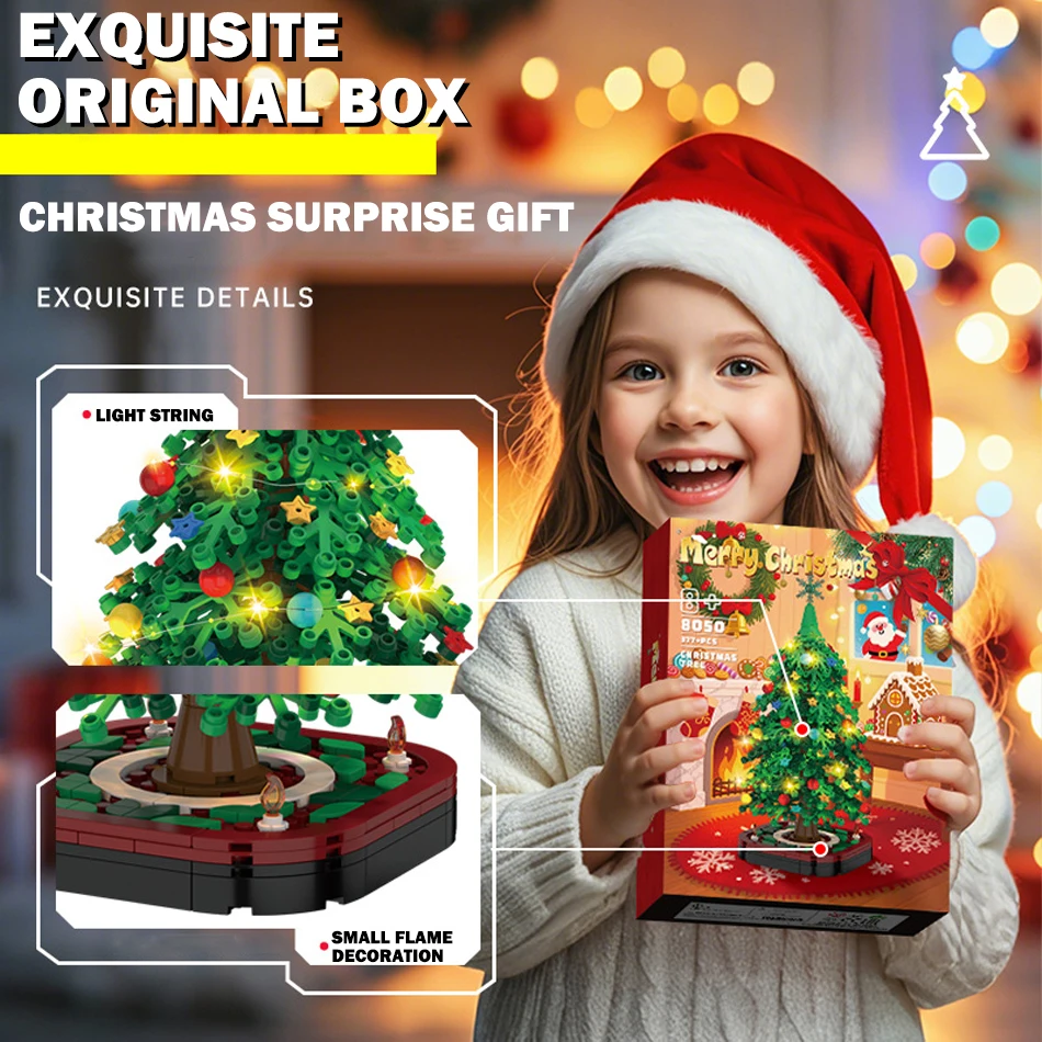 MOC Glowing Christmas Tree Model Building Blocks Set with USB Light String Desktop Ornament Assembly Bricks Toys Kids Xmas Gifts