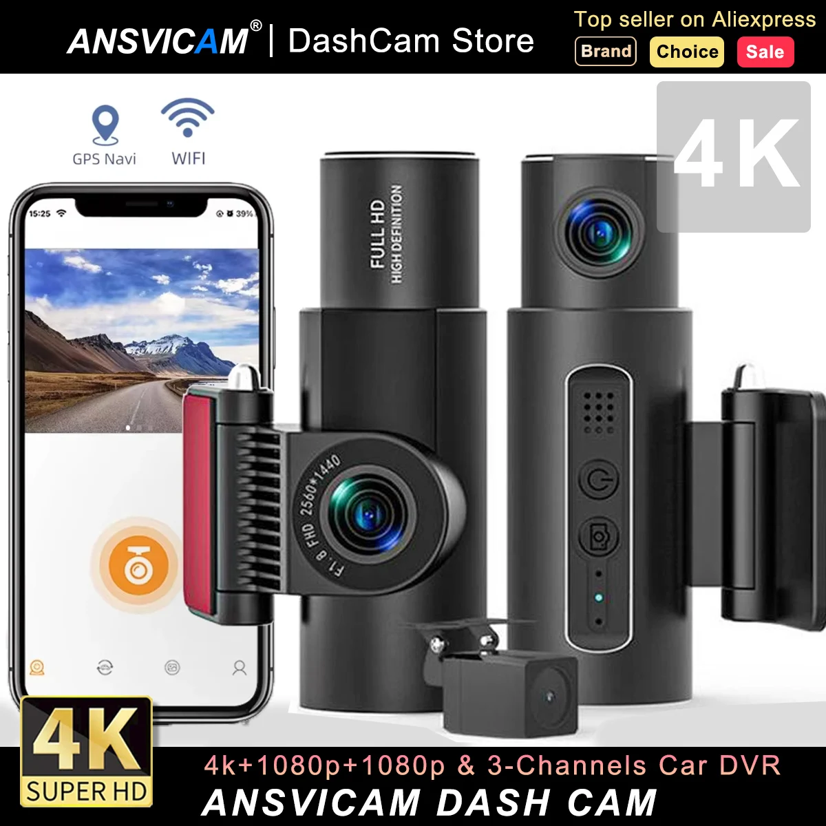 

ANSVICAM 4K 3-Channel Car DVR WIFI Dash Cam Front Inside Rear View GPS Black Box for Cars Video Recorder Camera Car Accessories