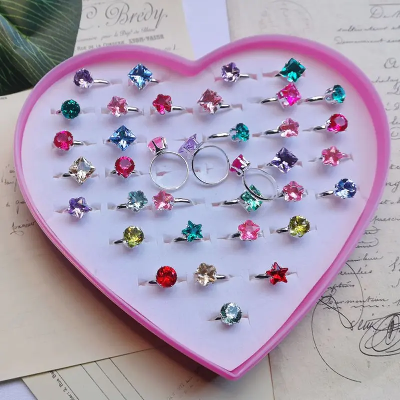 10pcs New Children\'s Crystal Rings Colorful Star Flower Shape Adjustable Alloy Finger Rings Kids Girls Toys Without Box