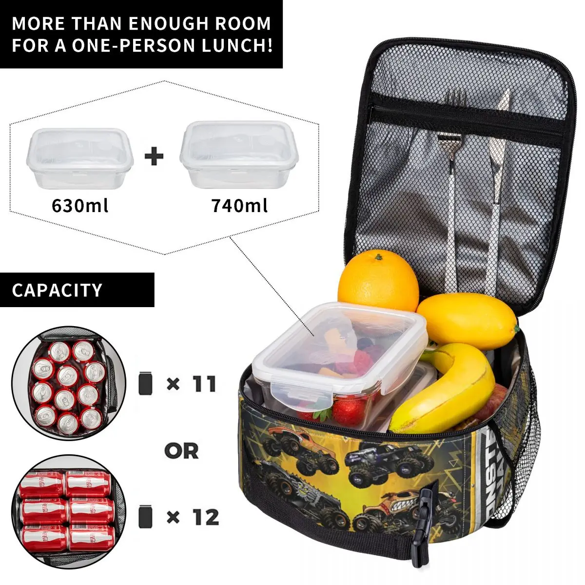 Monster Jam Insulated Lunch Bag High Capacity Monster Trucks Meal Container Cooler Bag Tote Lunch Box College Picnic Men Women