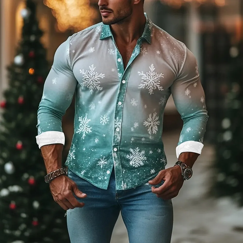 Men's Snowflake Gradient Color Shirt Fashion 3D Printed Shirt Button Up Shirt Casual Long Sleeve Shirt Street Blouse For Mens