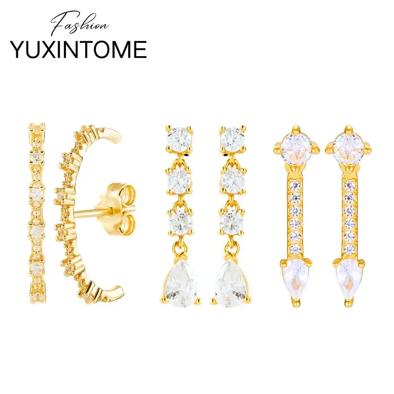 

925 Sterling Silver Needle Shiny Geometry Crystal Pendant Stud Earrings Luxury for Women Piercing Earrings Wedding Fine Jewelry