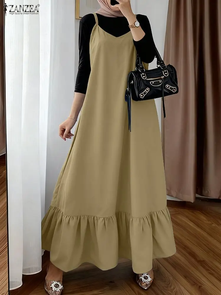ZANZEA ムスリム女性用トルコアバヤドレス 2025 スタイリッシュな秋のオーバーオールドレス ファッション ノースリーブストラップサンドレス フリルローブ フェム