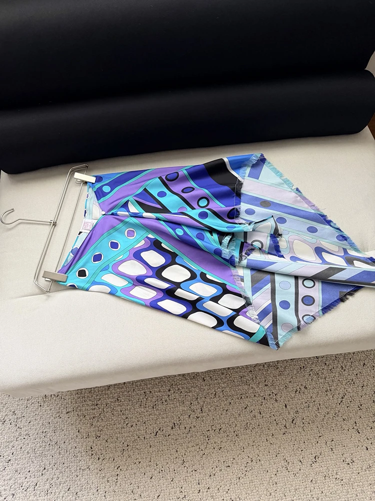 Summer Fashion Party Elegant Geometric Print Silk Midi Skirt Women's Middle Waist Slim A-Line Asymmetrical Tassel Hem Skirt