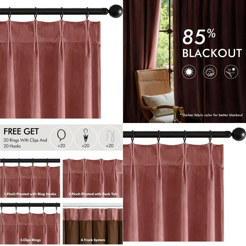 

96 Dusty Rose Velvet Pinch Pleat Blackout Curtains with Hooks, Thermal Insulated Panels for Home Decor