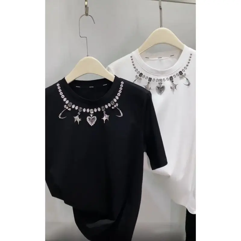 Luxury Women Stars Diamonds Beaded White Short Sleeved T-shirts  Heart Shaped Rhinestones Tees Loose O-Neck Jumpers Crop Tops