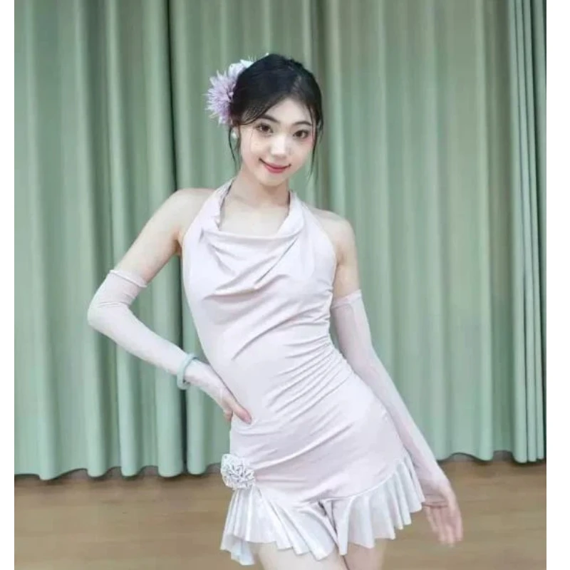 

Women Latin Dance Dress Backless Halter Mesh Skirt Female Cha Cha Rumba Samba Jazz Costume Stage Party Performance Dancewear