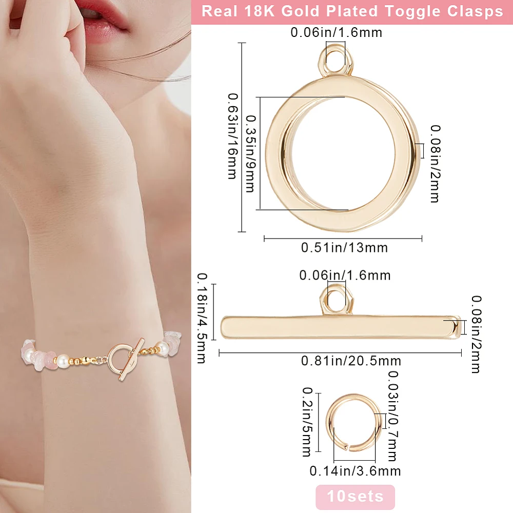 1 Box 10Pcs Toggle Clasp 18K Gold Plated Smooth Ring T-bar Closure End Clasps Connector Sets with 20Pcs Open Jump Rings for DIY