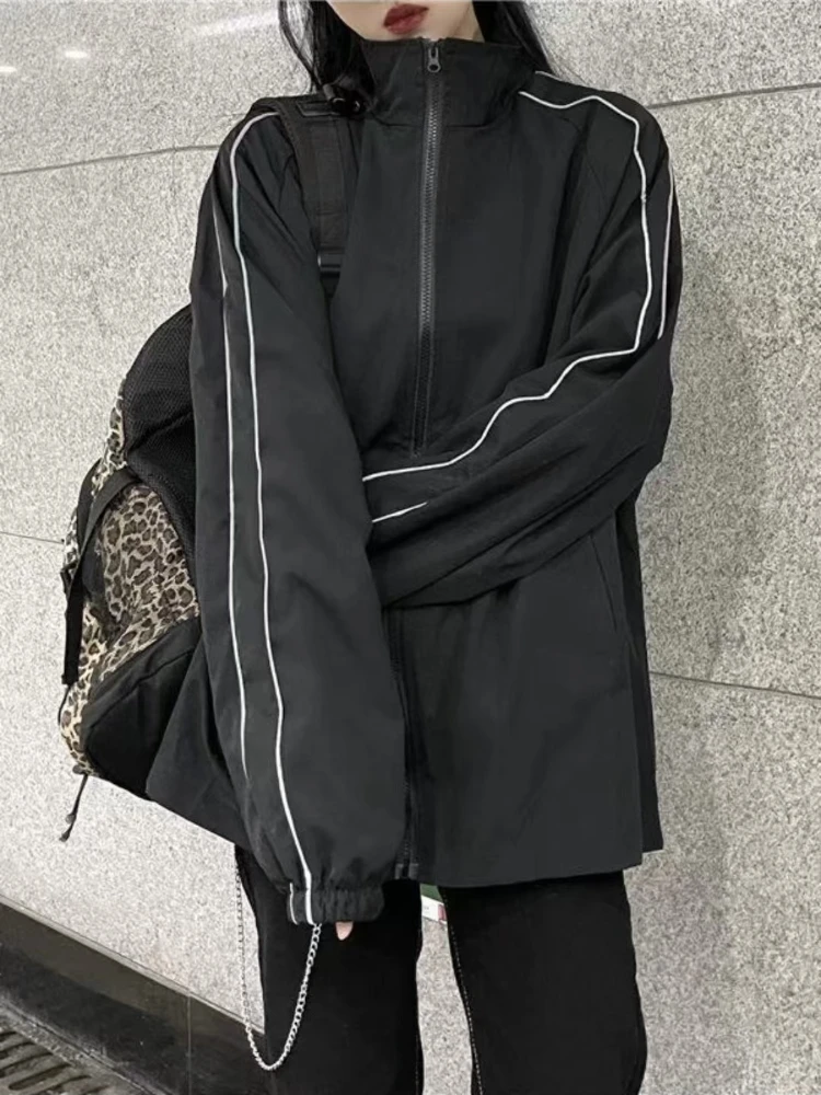 Hip hop varsity jaquetas femininas americano retro y2k streetwear blusão casacos coreano chique primavera outono tira reflexiva jaquetas