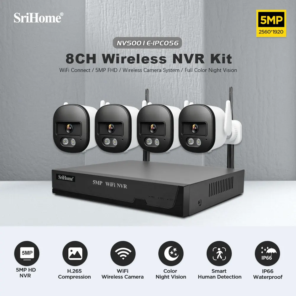 Srihome 4CH 5MP CCTV System Outdoor Lite Video DVR with 4pcs 5MP Security Camera Day/Night Video Surveillance System