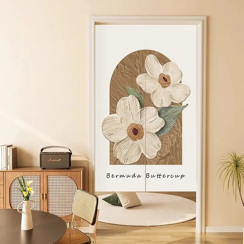 Ins Rustic-Style Half-Door Curtain, Artistic Floral and Botanical Patterned Arched Fabric Room Divider Curtain, Home Decor