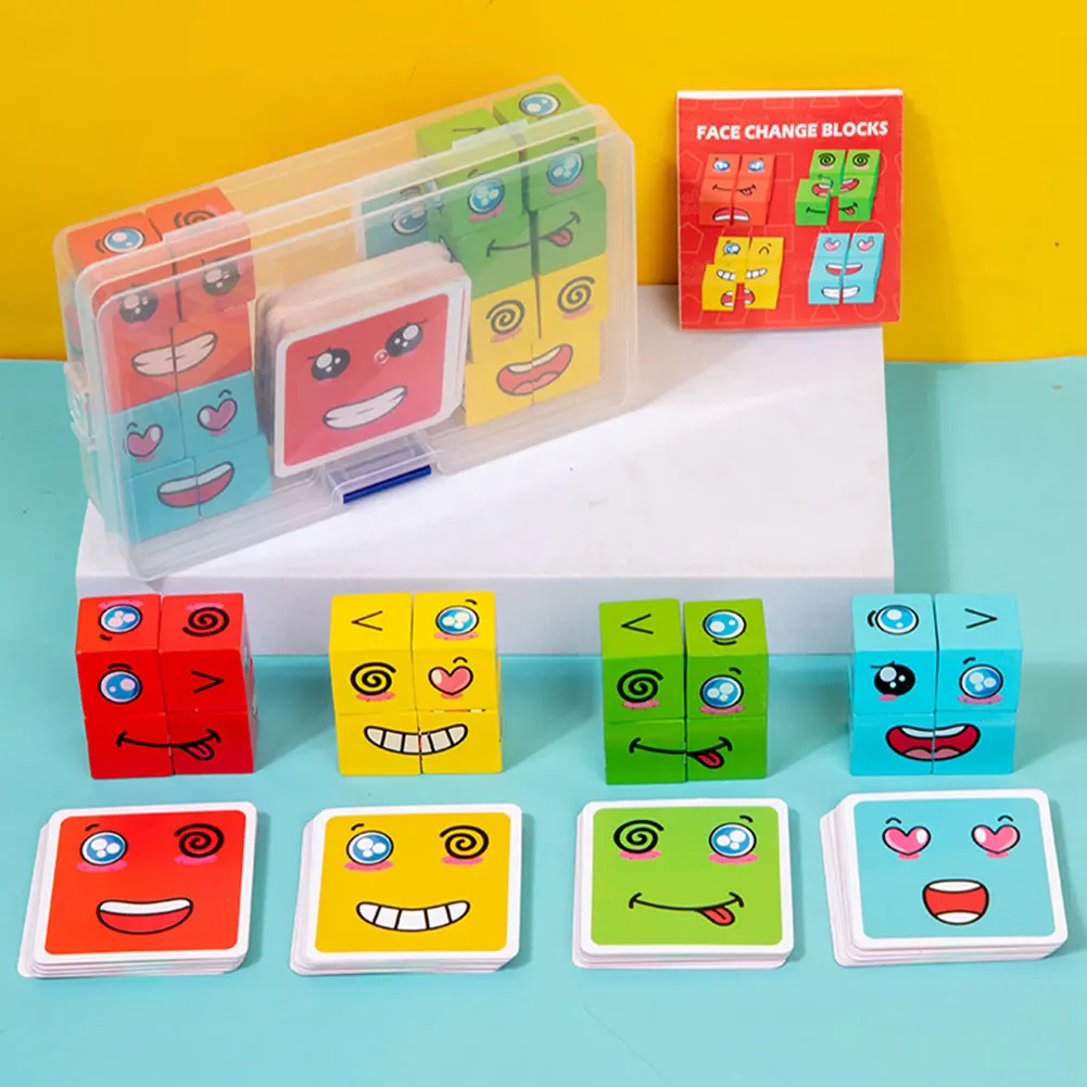 Magic Cubes Matching Games Montessori Wooden Toy Face Changing Cube Expression Puzzle Building Blocks for Kid Learning Toy Gifts