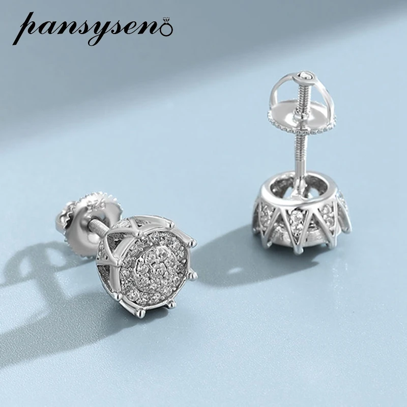 PANSYSEN Hiphop Rock 925 Sterling Silver Full Diamond Women Man Stud Earrings 18K White Gold Plated Fine Jewelry Party Gift