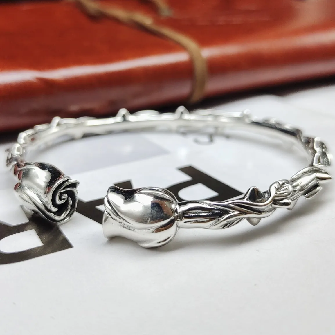 

ins cool style cool men and women simple all-match retro leaf open s925 sterling silver South Korea bamboo bracelet