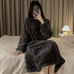 Fleece Women Nightgown Korean Warm Sleepwear Winter Night Dress Knee Length One Piece Pajamas Solid Casual Home Wear 2024 New