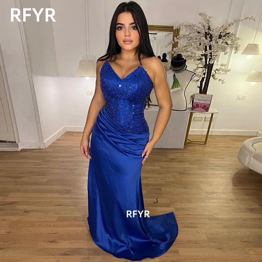 

RFYR Royal Blue Evening Dress Glitter Prom Dress Mermaid Party Dress for Arabic Women Sweetheart Celebrity Gala Dress Customized