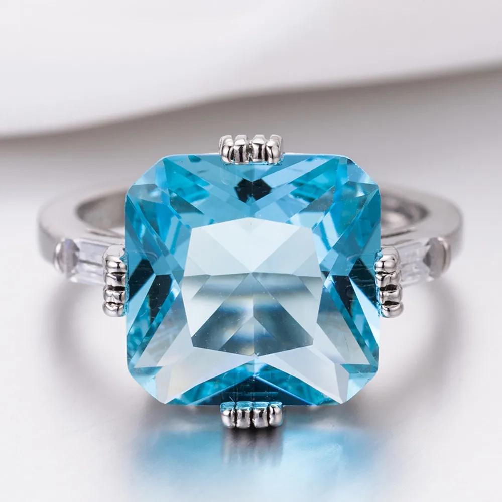 S925 Ring New Popular Hot Sale Inlaid Sea Blue Shiny Square Diamond Delicate Jewelry Present For Female Friends Family Members