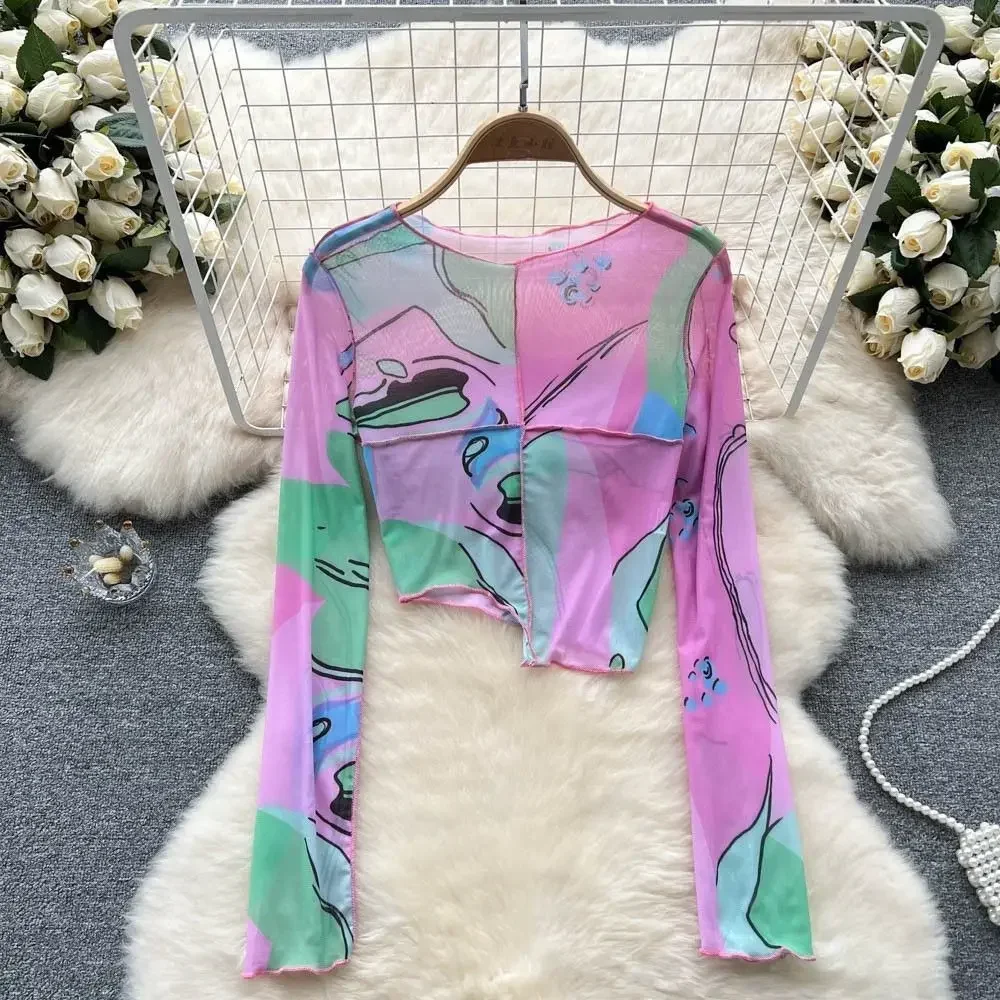 

Women Print Long Sleeve T Shirt Korean Popular Clothes O-neck Casual Slim Sexy Tshirt Harajuku Streetwear Fashion Crop Top Y2k