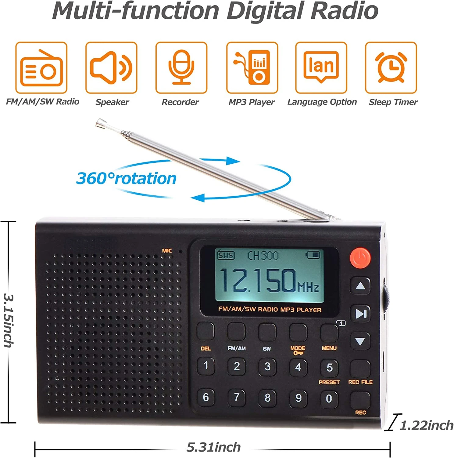 Portable AM FM Radio with Preset Function, Digital Rechargeable Radio Support Recording, MP3 Player with Lyric Display (Black)