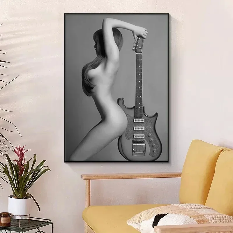 Modern Minimalist Wall Art Black and White Nude Art Guitar Sexy Girl HD Canvas Print Poster Home Living Room Bedroom Decoration