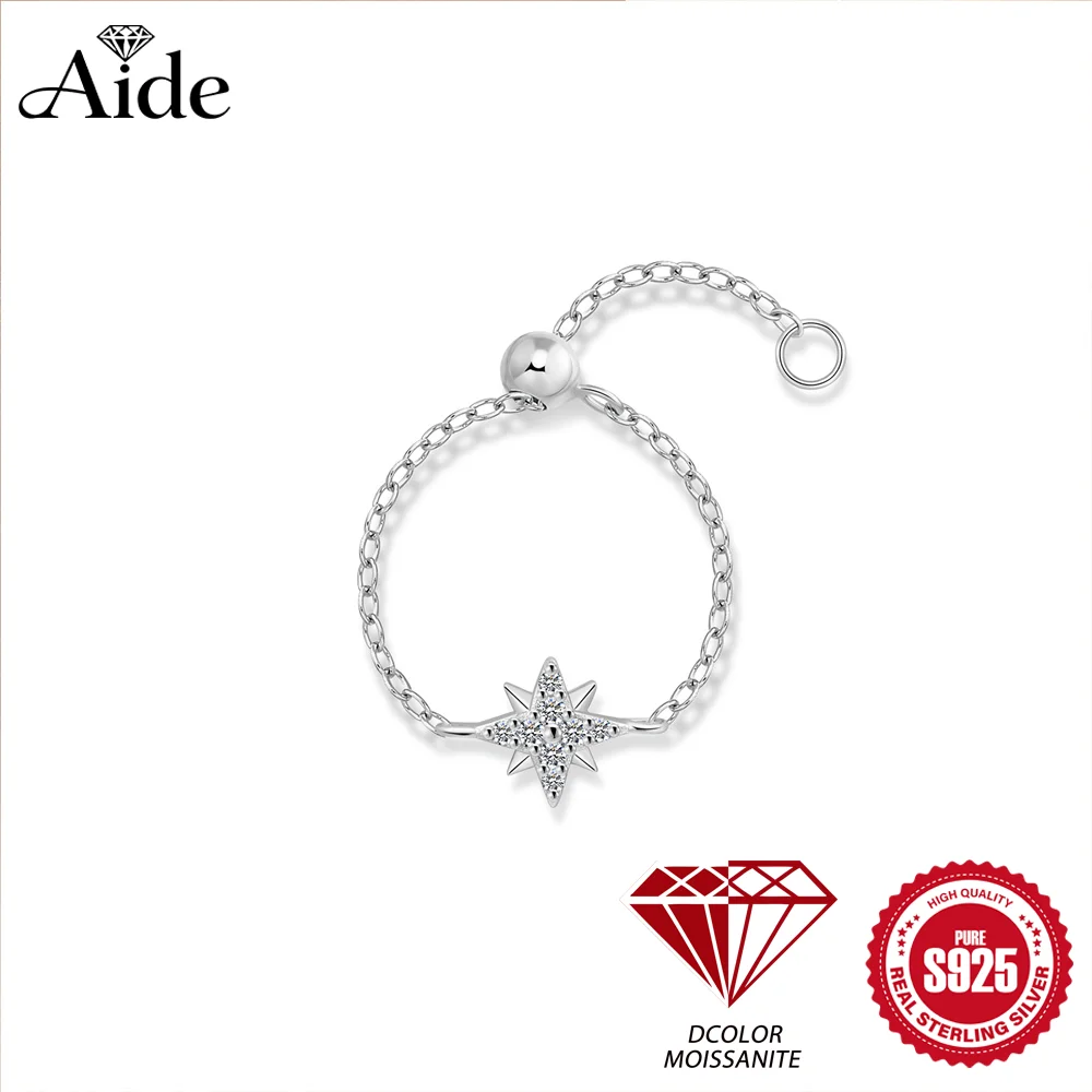 

AIDE Moissanite 925 Sterling Silver Shiny Octagonal Star For Women Adjustable Chain Ring Anniversary Wedding Bridal Jewelry
