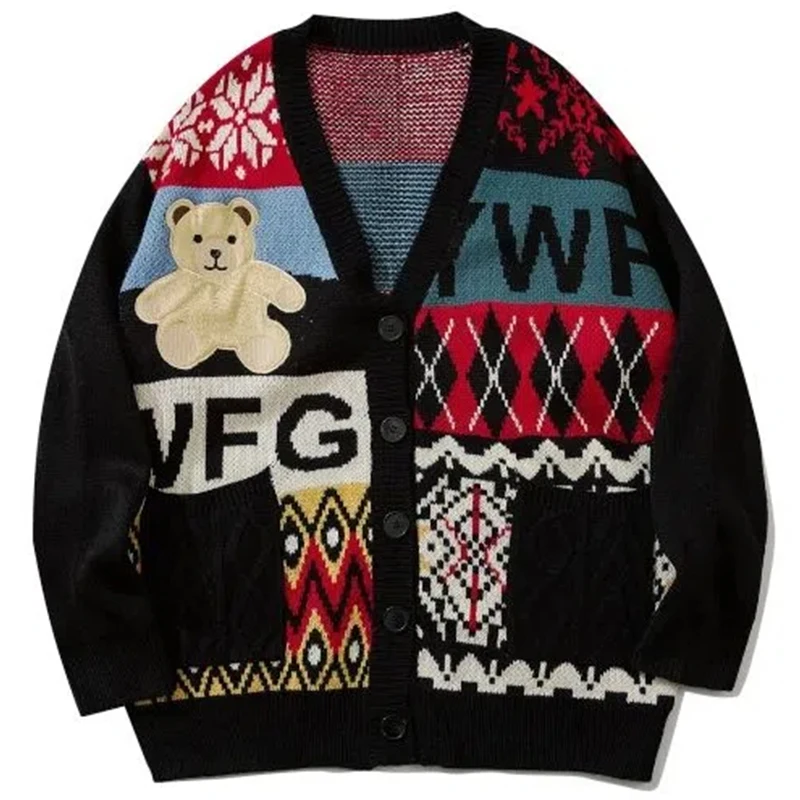 Bear Embroidery Cardigan Sweater For Men 2023 Winter Japanese Style Cartoon Hip Hop Loose Women Knitwear Coats Vintage Cardigans