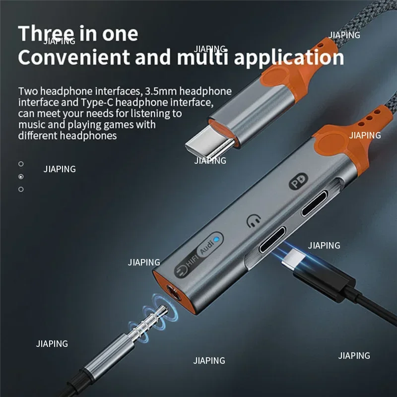 Suitable for Adaptador conector para auriculares 3 en 1 PD60W Divisor carga rápida Tipo C a 3,5 mm DAC Audio Convertidor