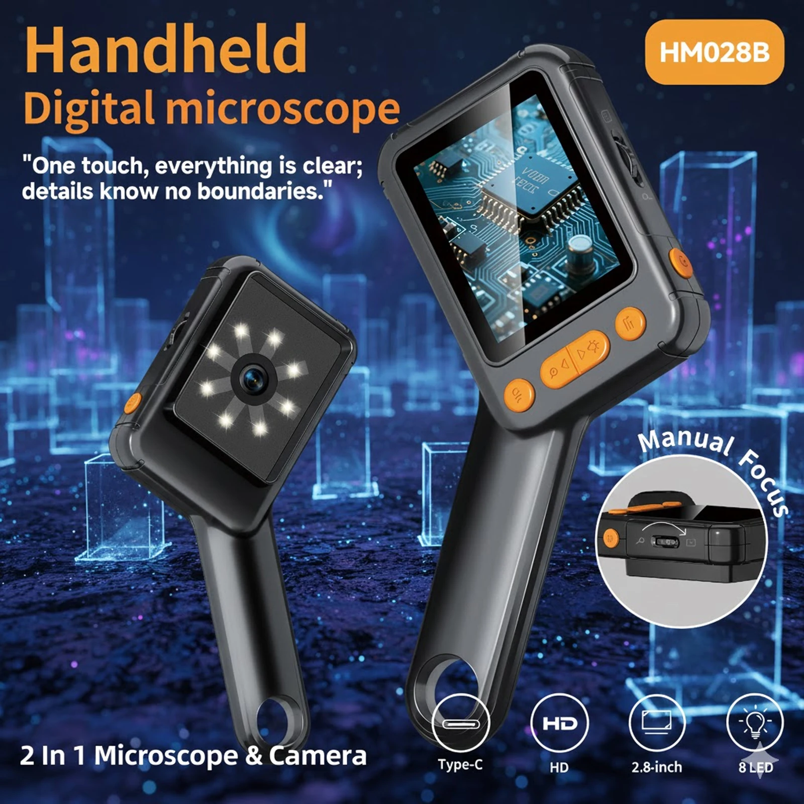 2.8 Inch Digital Microscope for Kids Adults IPS Screen 500X Magnification 4 Level LED Light Compatible with Windows Mac OS