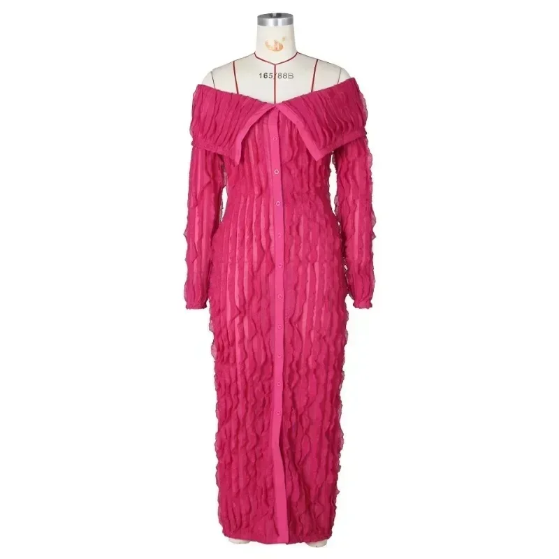 GUWU Sexy Off the Shoulder Birthday Bodycon Maxi Dress Women Slash Neck Button-up Wave Striped Night Party Long Dresses Clubwear