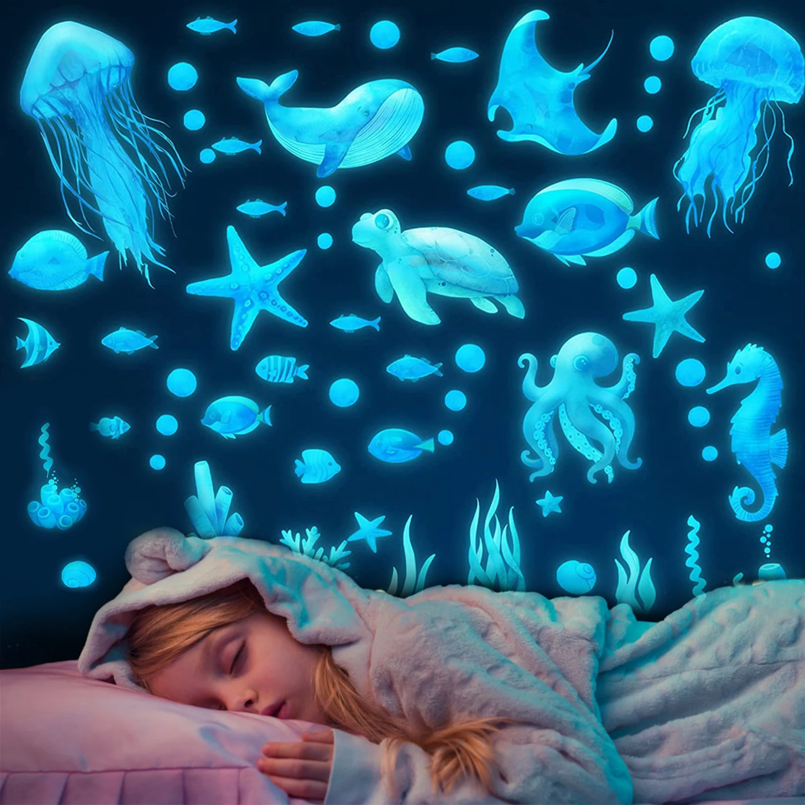 3 Sheets Glow in The Dark Ocean Creatures Wall Decals Waterproof Luminous Under The Sea Wall Stickers Removable Reusable