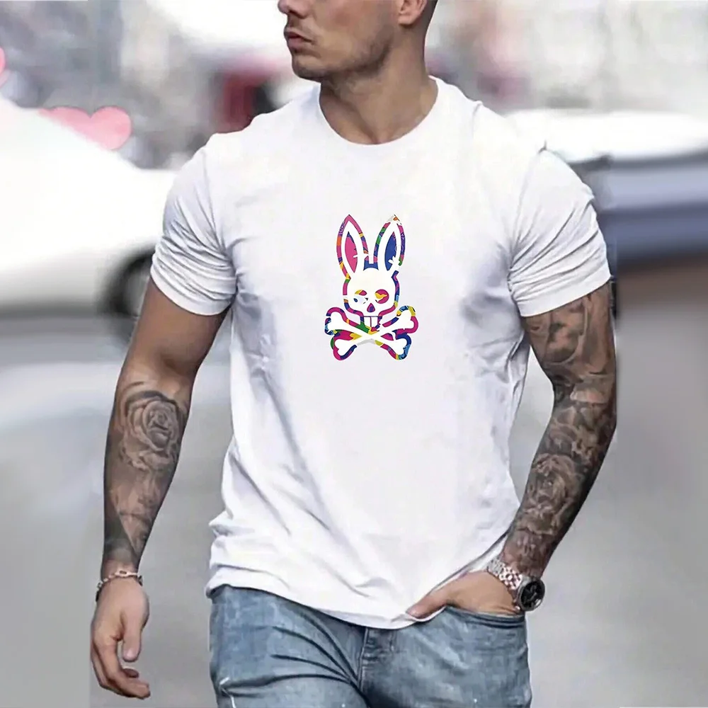 Fashion Cartoon Rabbit Bear Graphic Print Short Sleeve T-shirt Plus Size Fun Men's Tops Clothing Casual Crew Neck T-Shirt Men