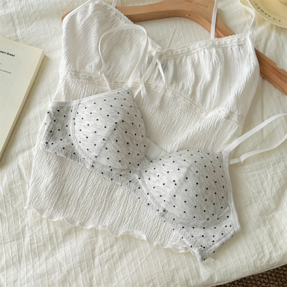 BANERDANNI Women Vintage Polka Dot Push‑Up Bra,Wire Free Thin Breathable Brassiere,Comfort Anti Sag Lingerie Underwear 32‑38