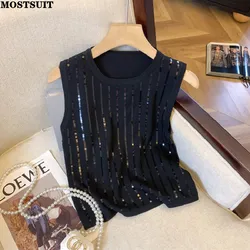 Summer Sequins Knit Sweater Vest Women Stylish Elegant Sexy Ladies Crop Tops Sleeveless Fashion Chic Knitwear Jumpers 2024