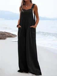 Cotton Linen Jumpsuit Women Spring Solid Elegant One Piece Wide Leg Pants Button Strap Romper Summer Holiday Beach Overalls