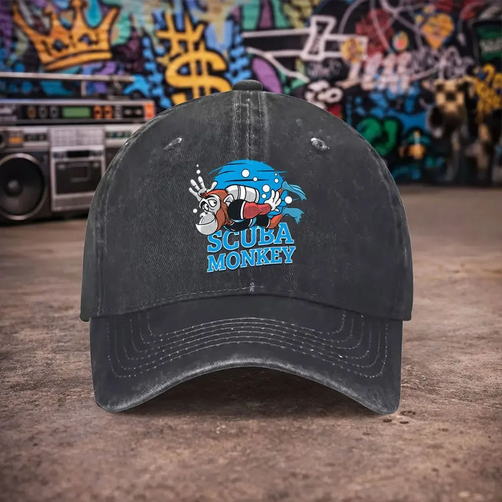 1pc Unisex Diving Monkey Print Vintage Washed Baseball Cap - Men'S Trendy Hat - Versatile Duckbill Cap - Fun Print - Unique Birt