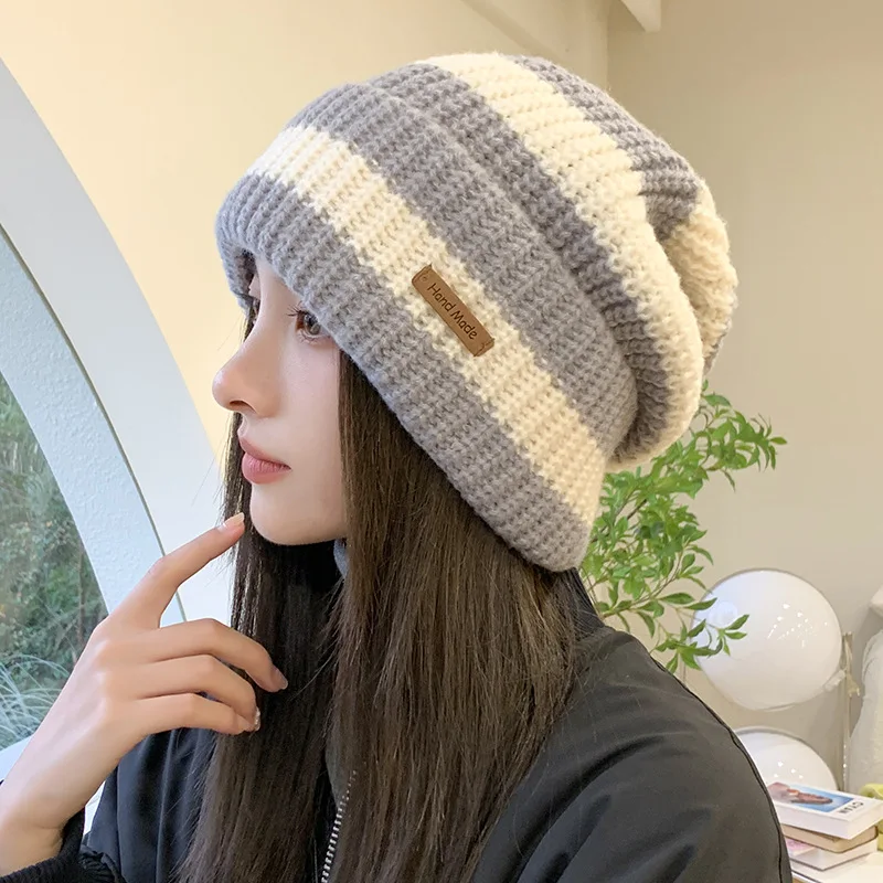 Winter thick thread needle striped knitted hat head girdle face small casual day system all match woolen pile cap