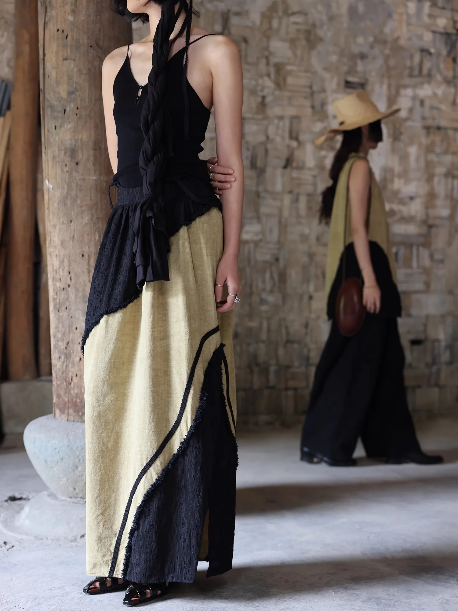 New Chinese Sle High Waist A-Line Skirt Bla Midi Dr Elastic Straight Patchwork Artistic Design Cotton Ci Commute