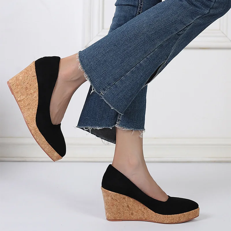 FHC Spring/Autumn Wedges High Heels,Women Platform Pumps,Shallow Out Flock Shoes,Slip On,Pointed toe,Black,Apricot,Dropship