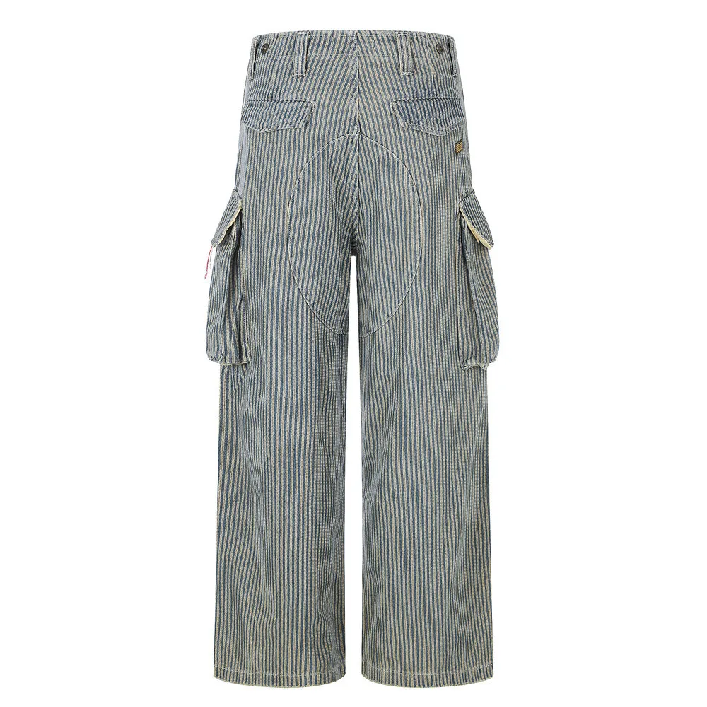 MWJLPWQ American Retro Vertical Striped Work Pants Men Trendy Multi-Pocket Design Distressed Edges Loose Wide-Leg Trousers 21133
