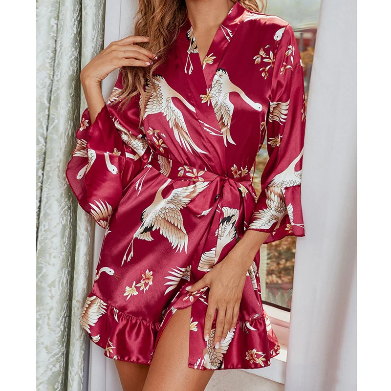 CINOON Women Home Night-robe Dresses Sexy Printed Nightgown Lingerie Ladies Silk Pajamas Bathrobe Home Cardigan Homewear Robe