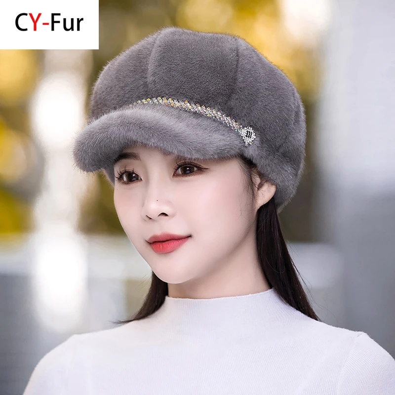 

2024 Winter Hat For Women Fashion Faux Fur Fluffy Duck Tongue Hat Female Warm Ear Protection Hats Outdoor Thicken Wind Snow Caps