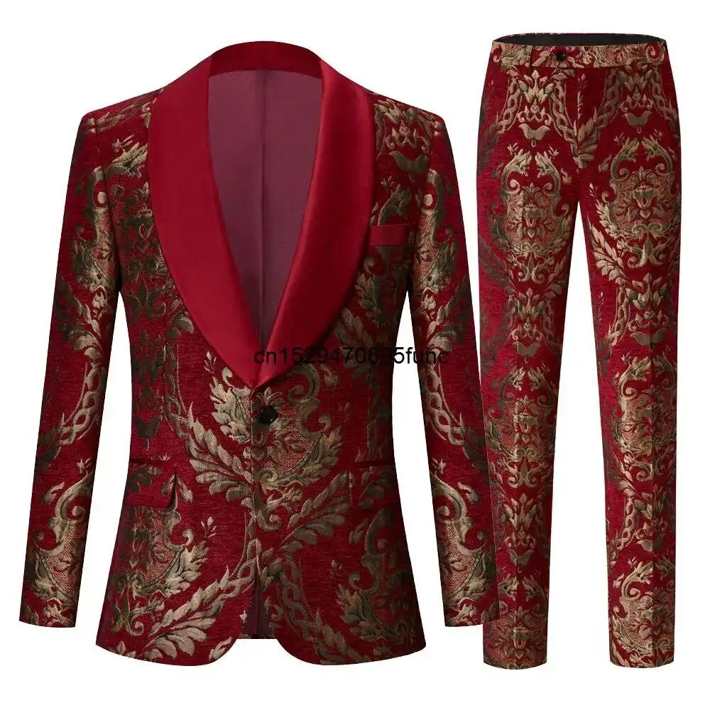 

Suits Red Mens Groom Claret Wedding Tuxed Business Prom Dress Tuxedo Floral Blazer Slim Fit Groomsmen Party Costume Homme