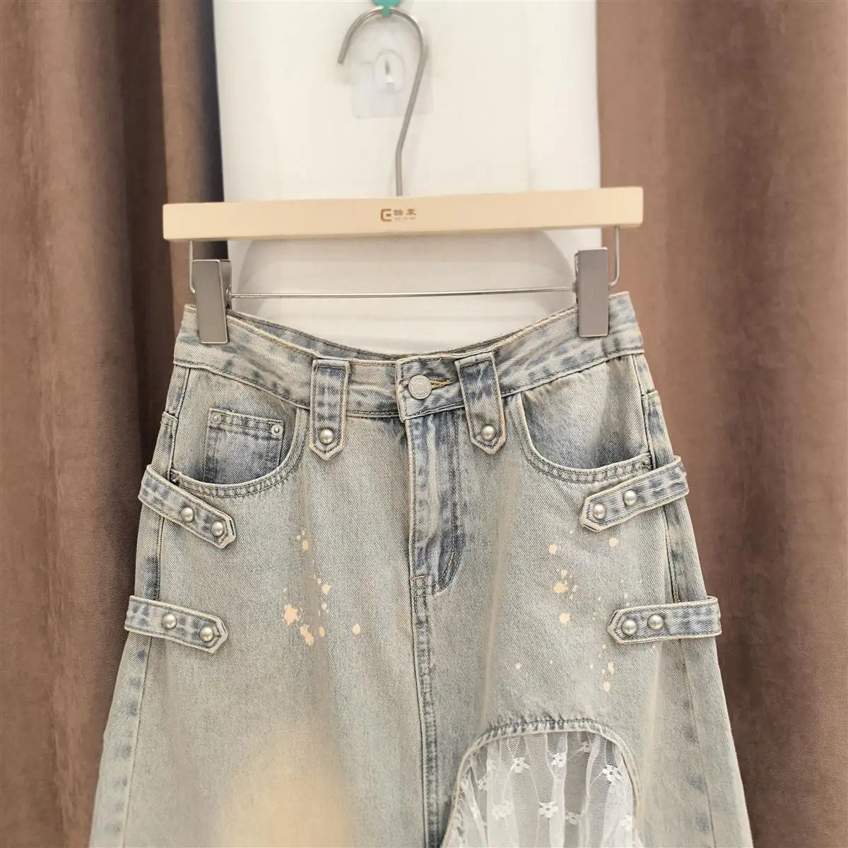2026 Summer New Heavy Industry Irregular Lace Splicing Skirt Denim Skirt