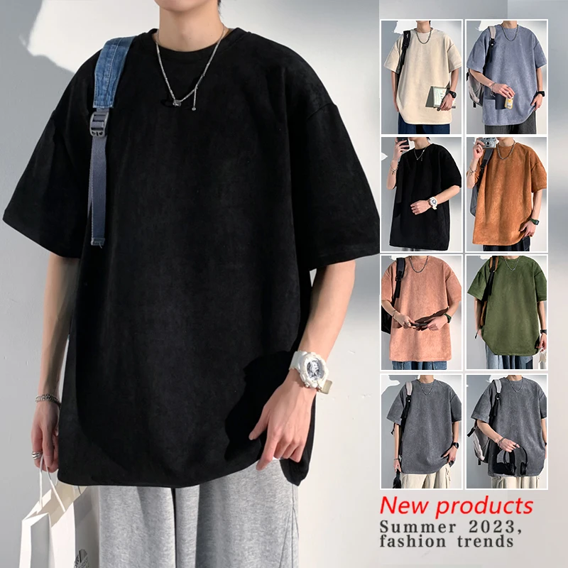 

Мужская летняя футболка свободного кроя с круглым вырезом, однотонная, из плотной ткани, с рукавом до локтя, модный бренд