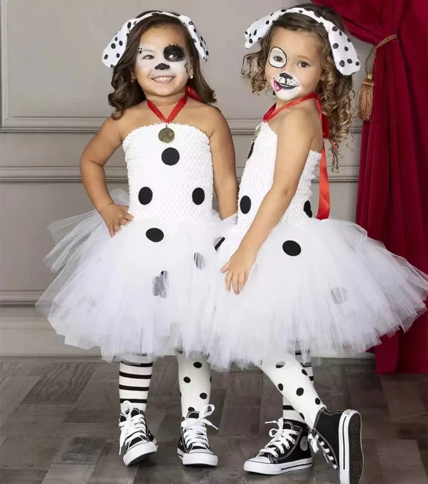 Kids Halloween Dalmatian Dog Costume Toddler Girls Polka Dot Birthday Party Fancy Dress Child Animal Dalmatian Cosplay Clothes